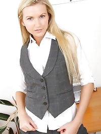 Beauty blonde comes to work in sexy shorts and gorgeous..