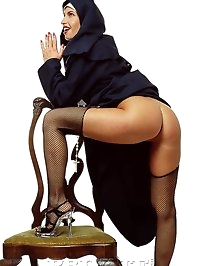 Horny nun shows her holly tits and her ass sitting on chair