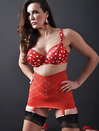 Sexy red polka dot bra holds Nylon Janes big tits in place
