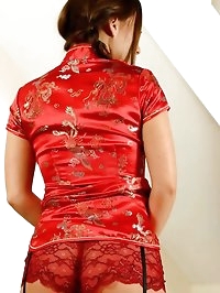 Perfect brunette in Chinese minidress
